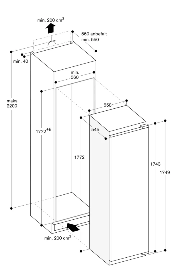 Gaggenau, Serie 200 Integrert kjøleskap med frysedel 177.2 x 55.8 cm Dempet dørstengingssystem/Flathengslet, RT282306 - Bilde 4
